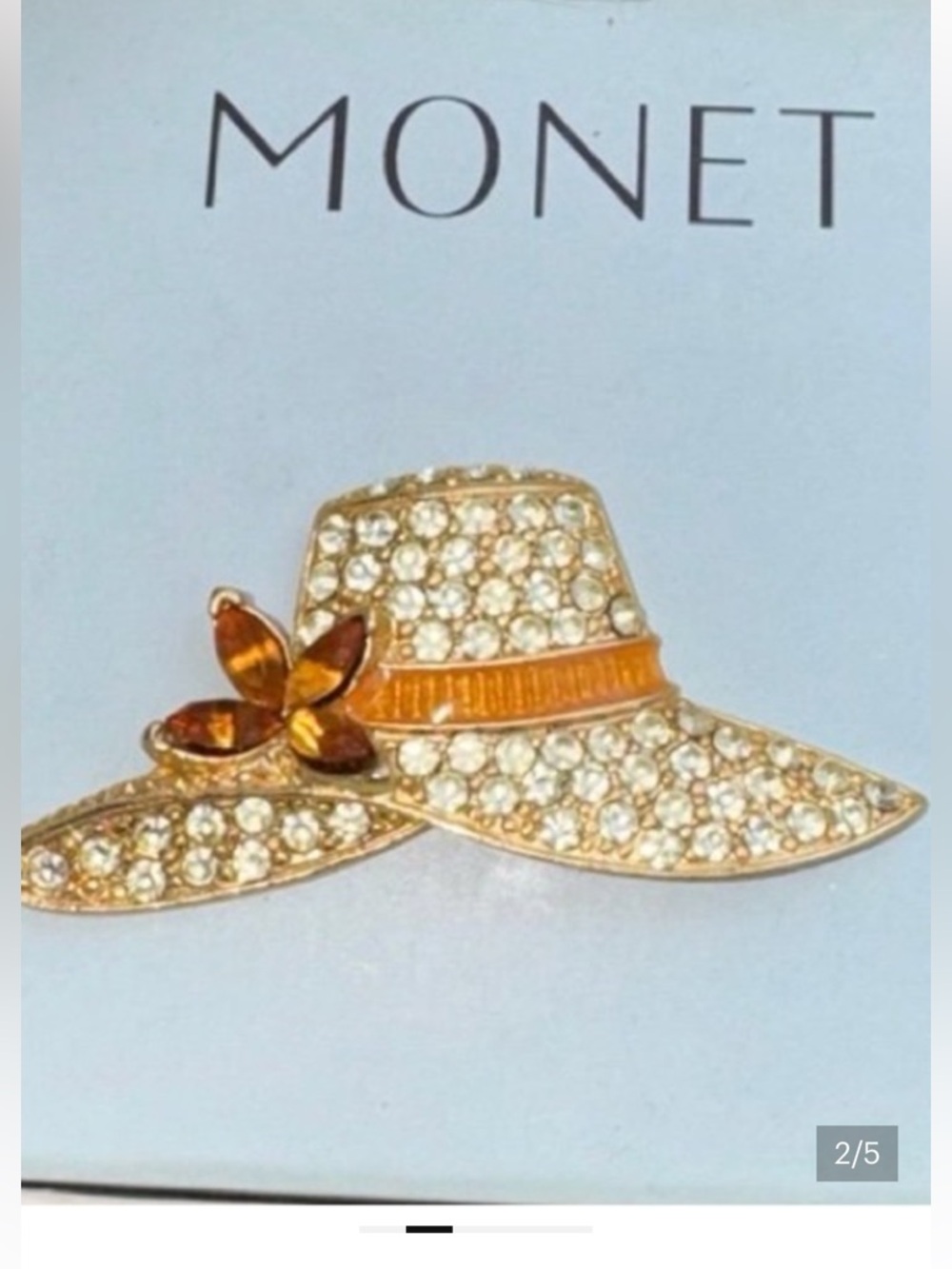 Monet Gold-Tone Crystal Wide Brim Hat Brooch with Amber Accents, Vintage
